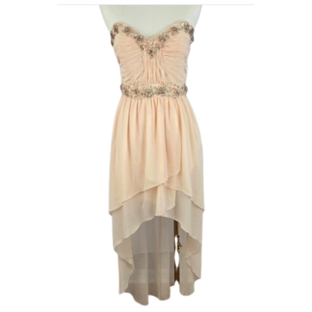 Women’s Strapless Hi Low Chiffon Formal Dress Beaded Sweetheart Size 9